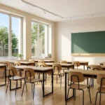 قاعة صفية حديثة ومجهزة بعد انتهاء أعمال ترميم مدرسة الجلمة الغربية في ريف حماة