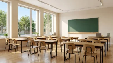 قاعة صفية حديثة ومجهزة بعد انتهاء أعمال ترميم مدرسة الجلمة الغربية في ريف حماة