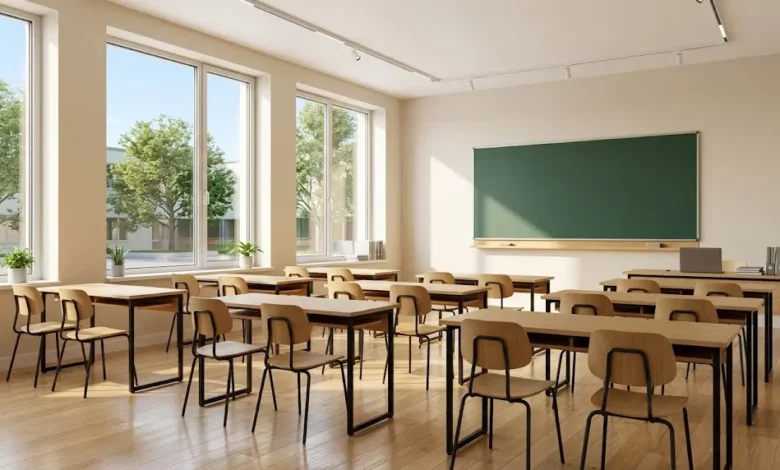 قاعة صفية حديثة ومجهزة بعد انتهاء أعمال ترميم مدرسة الجلمة الغربية في ريف حماة