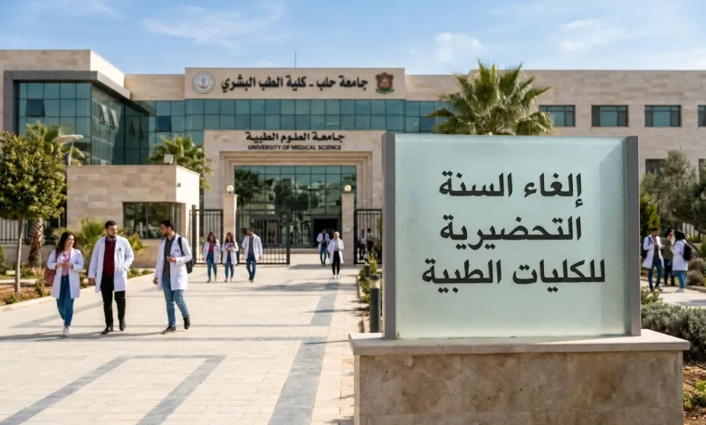 صورة واقعية تعبر عن قرار إلغاء السنة التحضيرية للكليات الطبية في الجامعات السورية الحكومية.