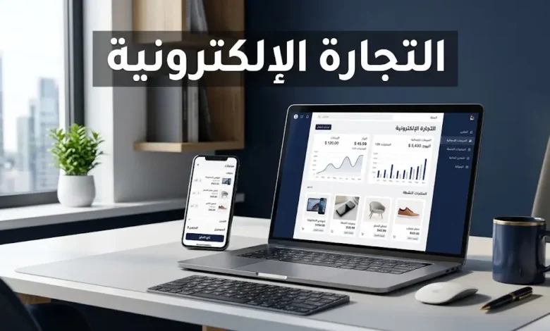 مكتب عمل عصري بلابتوب يعرض لوحة تحكم لمتجر إلكتروني — غلاف مقال التجارة الإلكترونية
