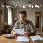 رجل يراجع فاتورة كهرباء داخل منزل مع عداد كهربائي ظاهر في مشهد واقعي يوضح آلية احتساب فواتير الكهرباء في سوريا