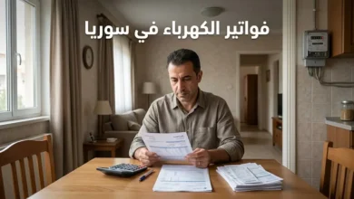 رجل يراجع فاتورة كهرباء داخل منزل مع عداد كهربائي ظاهر في مشهد واقعي يوضح آلية احتساب فواتير الكهرباء في سوريا