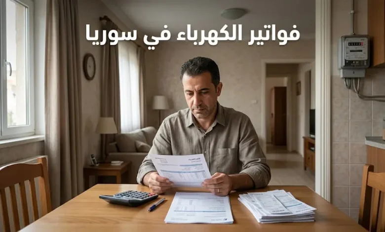 رجل يراجع فاتورة كهرباء داخل منزل مع عداد كهربائي ظاهر في مشهد واقعي يوضح آلية احتساب فواتير الكهرباء في سوريا