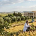 صورة واقعية لبيئة زراعية في حماة تُظهر حقول القمح والأشجار المثمرة مع مشهد يعبر عن دور مديرية الزراعة والإصلاح الزراعي بحماة