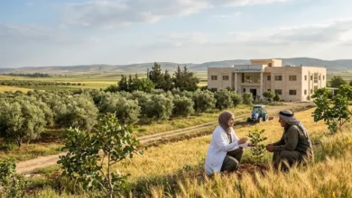 صورة واقعية لبيئة زراعية في حماة تُظهر حقول القمح والأشجار المثمرة مع مشهد يعبر عن دور مديرية الزراعة والإصلاح الزراعي بحماة