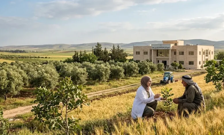 صورة واقعية لبيئة زراعية في حماة تُظهر حقول القمح والأشجار المثمرة مع مشهد يعبر عن دور مديرية الزراعة والإصلاح الزراعي بحماة