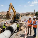 ورشات الصيانة في أثناء تنفيذ أعمال تأهيل الصرف الصحي بريف حماة لتحسين البنية التحتية.