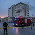 رجال الإطفاء والدفاع المدني يؤمنون موقع حريق فندق حماة لإنقاذ المصابين.