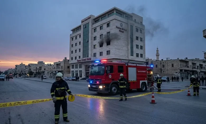 رجال الإطفاء والدفاع المدني يؤمنون موقع حريق فندق حماة لإنقاذ المصابين.