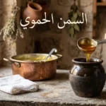 السمن الحموي العربي التقليدي في إناء فخاري مع قدر نحاسي وأدوات التصفية التراثية