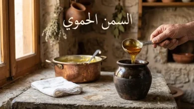 السمن الحموي العربي التقليدي في إناء فخاري مع قدر نحاسي وأدوات التصفية التراثية