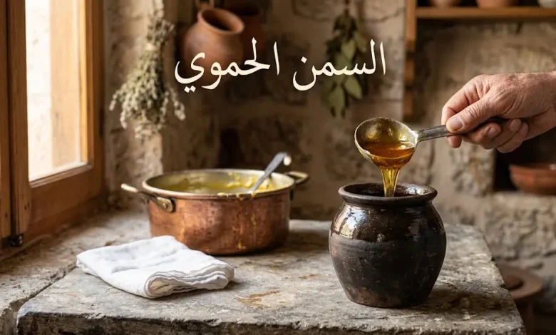 السمن الحموي العربي التقليدي في إناء فخاري مع قدر نحاسي وأدوات التصفية التراثية