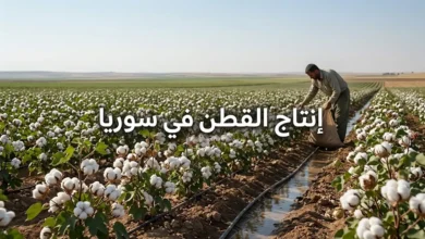 صورة واقعية لحقل قطن في سوريا توضح إنتاج القطن في سوريا مع نباتات قطن ناضجة وبيئة زراعية طبيعية