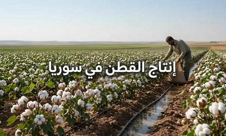 صورة واقعية لحقل قطن في سوريا توضح إنتاج القطن في سوريا مع نباتات قطن ناضجة وبيئة زراعية طبيعية