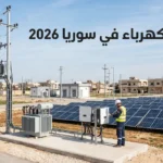 صورة توضيحية واقعية لقطاع الكهرباء في سوريا 2026 مع شبكات نقل ومحطة طاقة شمسية وتحسن التغذية الكهربائية