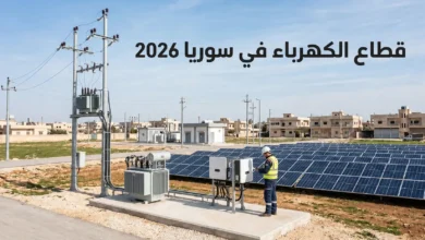 صورة توضيحية واقعية لقطاع الكهرباء في سوريا 2026 مع شبكات نقل ومحطة طاقة شمسية وتحسن التغذية الكهربائية