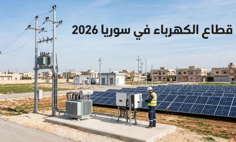صورة توضيحية واقعية لقطاع الكهرباء في سوريا 2026 مع شبكات نقل ومحطة طاقة شمسية وتحسن التغذية الكهربائية