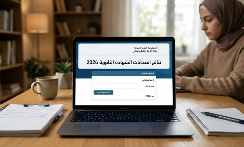 واجهة تطبيق نتائج امتحانات الشهادة الثانوية 2026 في سوريا.