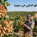 إنتاج الفستق الحلبي في سوريا داخل بستان زراعي بمحافظة حماة مع مزارع يتفقد الأشجار خلال موسم الحصاد