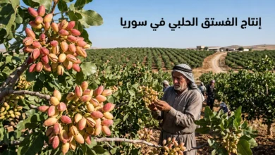 إنتاج الفستق الحلبي في سوريا داخل بستان زراعي بمحافظة حماة مع مزارع يتفقد الأشجار خلال موسم الحصاد