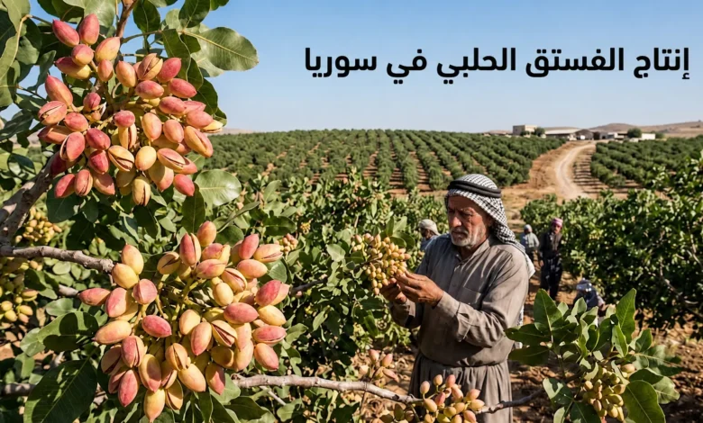 إنتاج الفستق الحلبي في سوريا داخل بستان زراعي بمحافظة حماة مع مزارع يتفقد الأشجار خلال موسم الحصاد