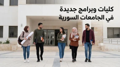 صورة غلاف واقعية لطلاب في حرم جامعي سوري حديث تعبر عن إحداث كليات وبرامج أكاديمية جديدة في الجامعات الحكومية السورية
