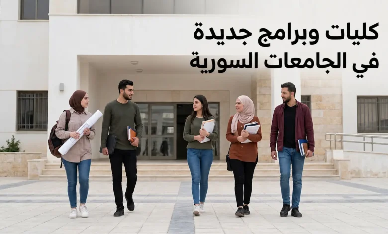 صورة غلاف واقعية لطلاب في حرم جامعي سوري حديث تعبر عن إحداث كليات وبرامج أكاديمية جديدة في الجامعات الحكومية السورية