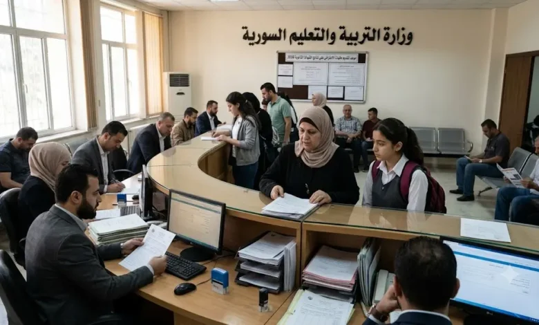 صورة واقعية من مكتب تابع لوزارة التربية والتعليم السورية توضح بدء تقديم طلبات الاعتراض على نتائج الشهادة الثانوية 2026