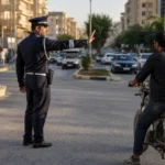 ضابط مرور يوقف دراجة نارية غير مرخصة عند مدخل شارع تجاري في مدينة حماة