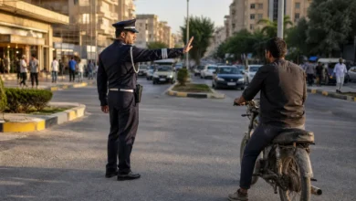 ضابط مرور يوقف دراجة نارية غير مرخصة عند مدخل شارع تجاري في مدينة حماة