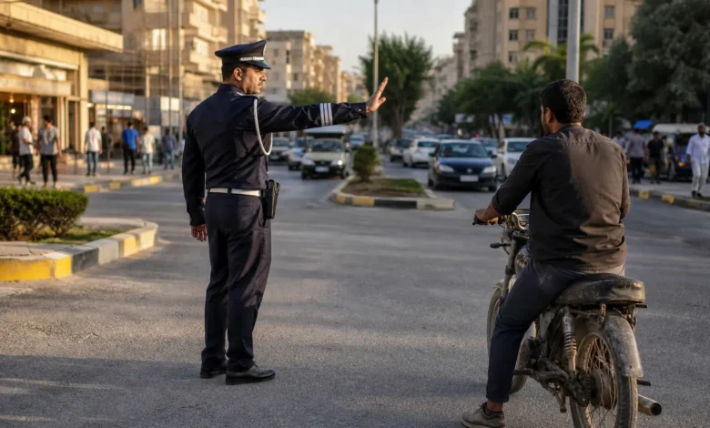 ضابط مرور يوقف دراجة نارية غير مرخصة عند مدخل شارع تجاري في مدينة حماة