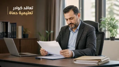 معلم سوري يراجع وثائق التعاقد الرسمية في مكتب إداري تعليمي