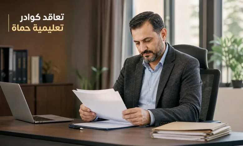 معلم سوري يراجع وثائق التعاقد الرسمية في مكتب إداري تعليمي