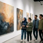 شباب وفتيات يتأملون لوحات فنية تعبّر عن الأمل والتعافي داخل معرض حكايتنا بتقوّينا حماة للفن التشكيلي.