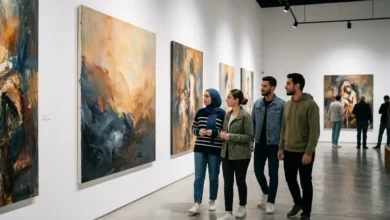شباب وفتيات يتأملون لوحات فنية تعبّر عن الأمل والتعافي داخل معرض حكايتنا بتقوّينا حماة للفن التشكيلي.