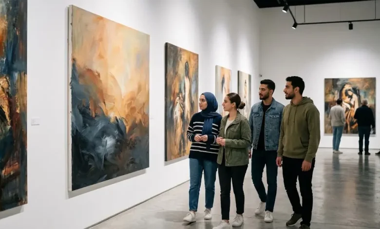 شباب وفتيات يتأملون لوحات فنية تعبّر عن الأمل والتعافي داخل معرض حكايتنا بتقوّينا حماة للفن التشكيلي.
