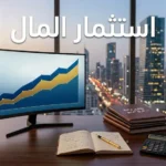 مكتب مالي احترافي يرمز إلى تحويل المدخرات إلى استثمارات ناجحة، مع شاشة تُظهر منحنى نمو محفظة استثمارية