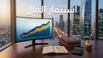 مكتب مالي احترافي يرمز إلى تحويل المدخرات إلى استثمارات ناجحة، مع شاشة تُظهر منحنى نمو محفظة استثمارية