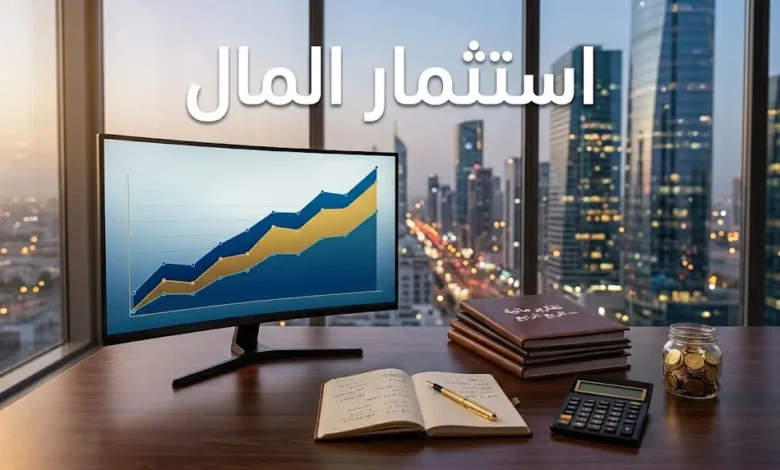 مكتب مالي احترافي يرمز إلى تحويل المدخرات إلى استثمارات ناجحة، مع شاشة تُظهر منحنى نمو محفظة استثمارية