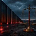 صورة تعبيرية تظهر ميزان العدالة وحواجز أمنية ترمز إلى تطبيق القانون وحماية الحدود