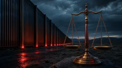 صورة تعبيرية تظهر ميزان العدالة وحواجز أمنية ترمز إلى تطبيق القانون وحماية الحدود