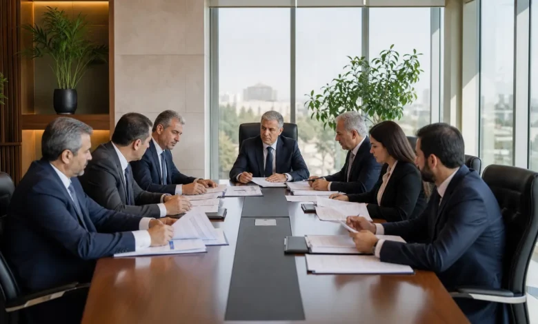 مسؤولون يناقشون مسودة مشروع قانون الخدمة المدنية في قاعة اجتماعات رسمية عصرية