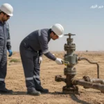 مشهد توضيحي لفنيين يستخدمان جهاز قياس إشعاعي قرب رأس بئر ومعدات نفطية في ريف دير الزور.