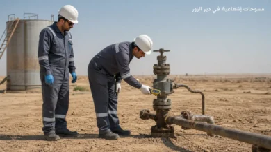 مشهد توضيحي لفنيين يستخدمان جهاز قياس إشعاعي قرب رأس بئر ومعدات نفطية في ريف دير الزور.