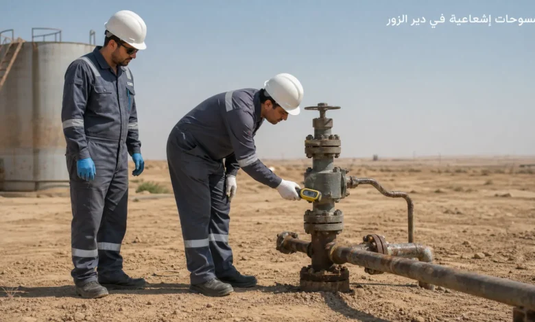 مشهد توضيحي لفنيين يستخدمان جهاز قياس إشعاعي قرب رأس بئر ومعدات نفطية في ريف دير الزور.