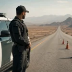عنصر أمن طرق يقف بوضع تأهب بجانب دوريته على طريق صحراوي في ريف حماة.