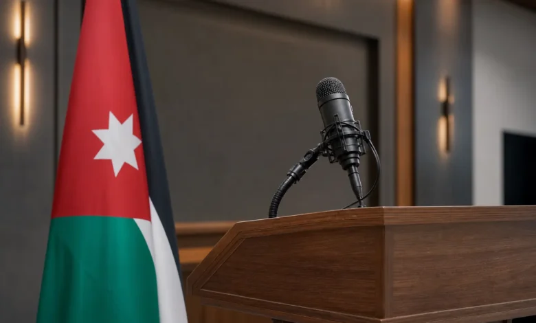ميكروفون صحفي بجانب العلم الأردني في قاعة إيجاز صحفي رسمي