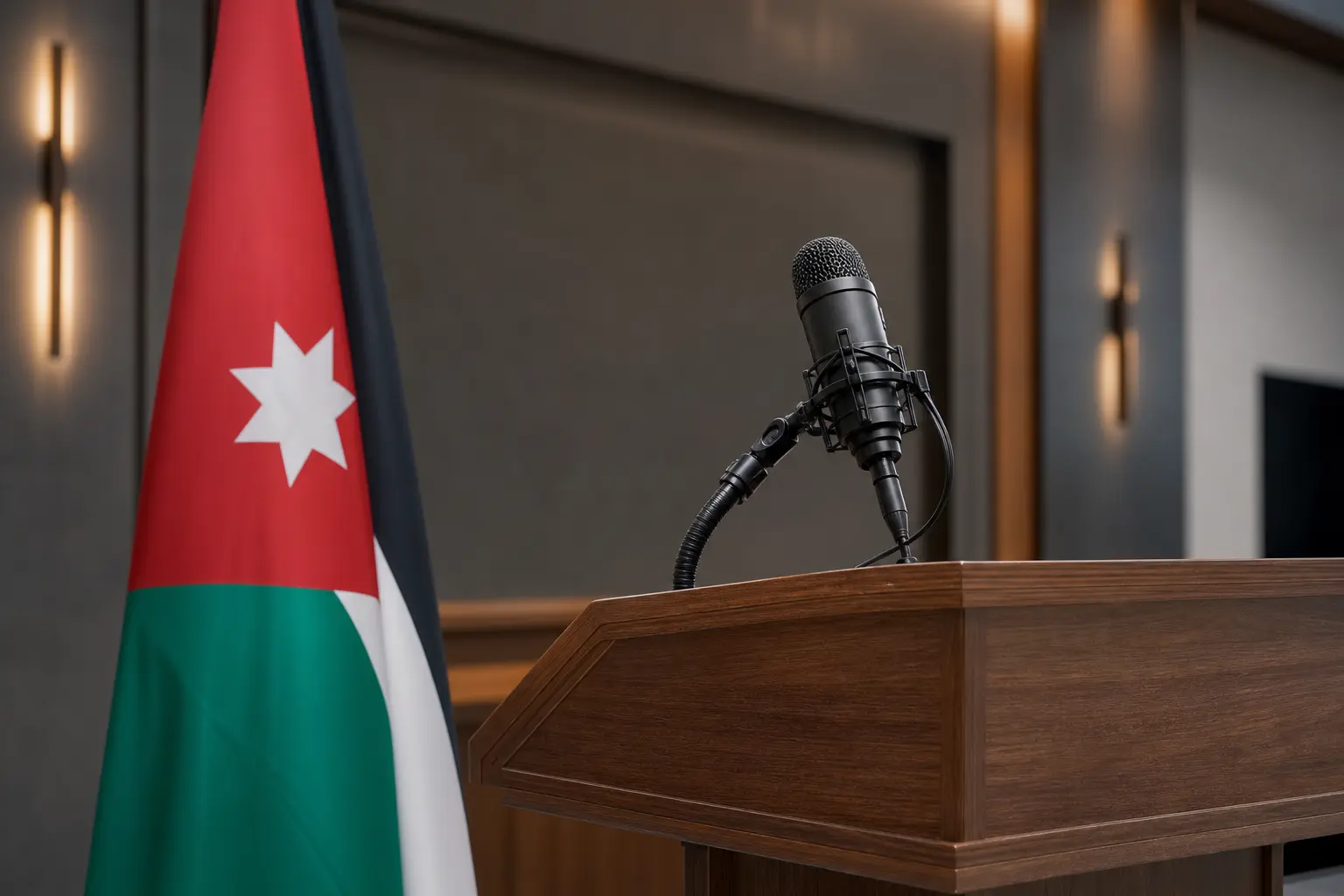 ميكروفون صحفي بجانب العلم الأردني في قاعة إيجاز صحفي رسمي