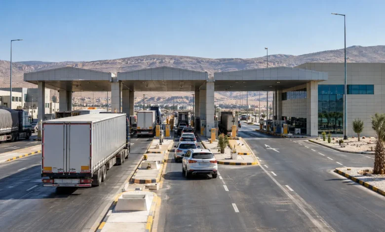 معبر نصيب الحدودي وشاحنات التبادل التجاري بين سوريا والأردن في حركة عبور منظمة.
